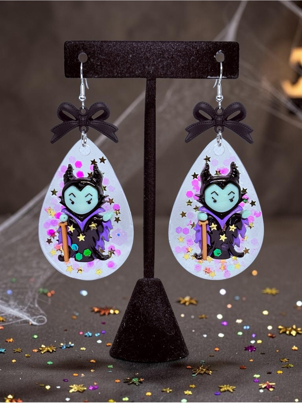 Maleficent-Inspired Teardrop Earrings in Black, Purple & White